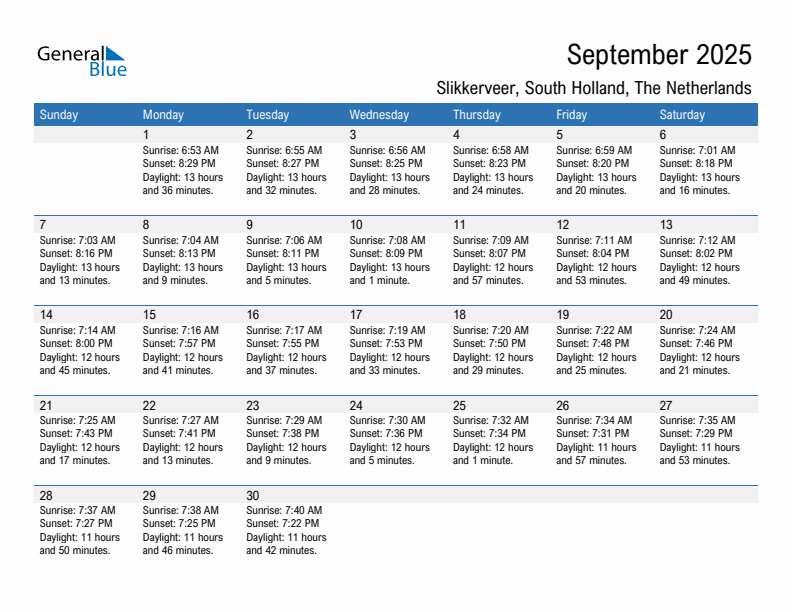 Slikkerveer September 2025 sunrise and sunset calendar in PDF, Excel, and Word