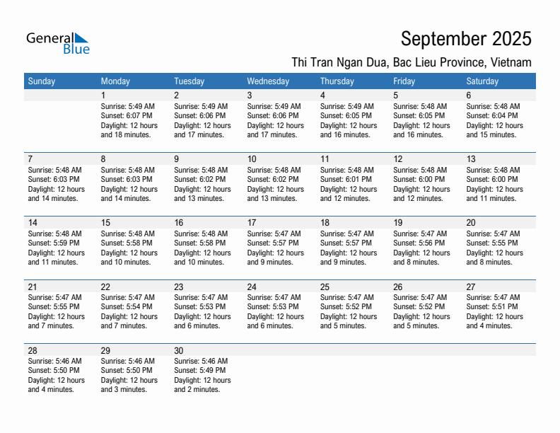 Thi Tran Ngan Dua September 2025 sunrise and sunset calendar in PDF, Excel, and Word