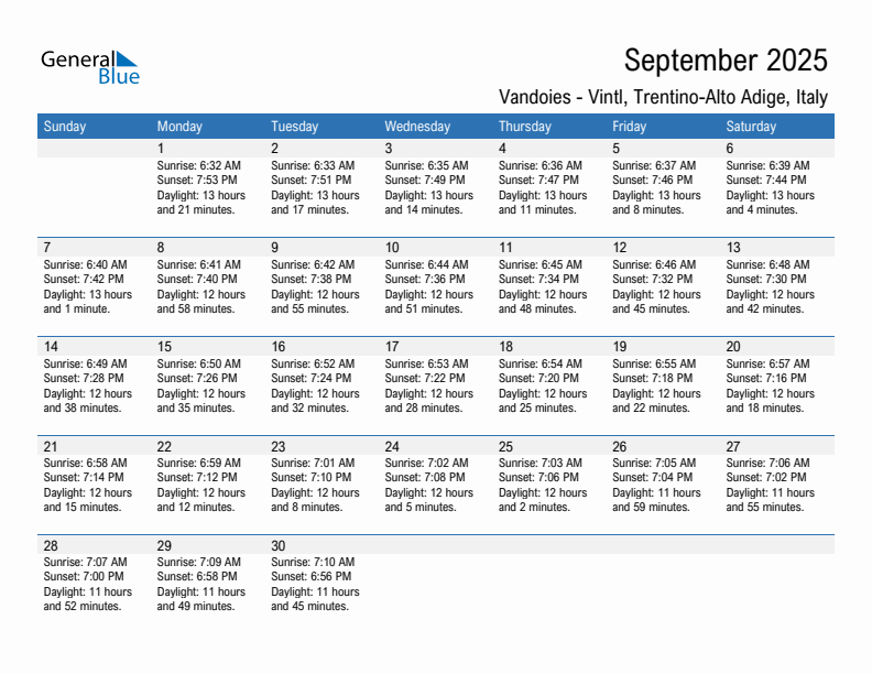Vandoies - Vintl September 2025 sunrise and sunset calendar in PDF, Excel, and Word