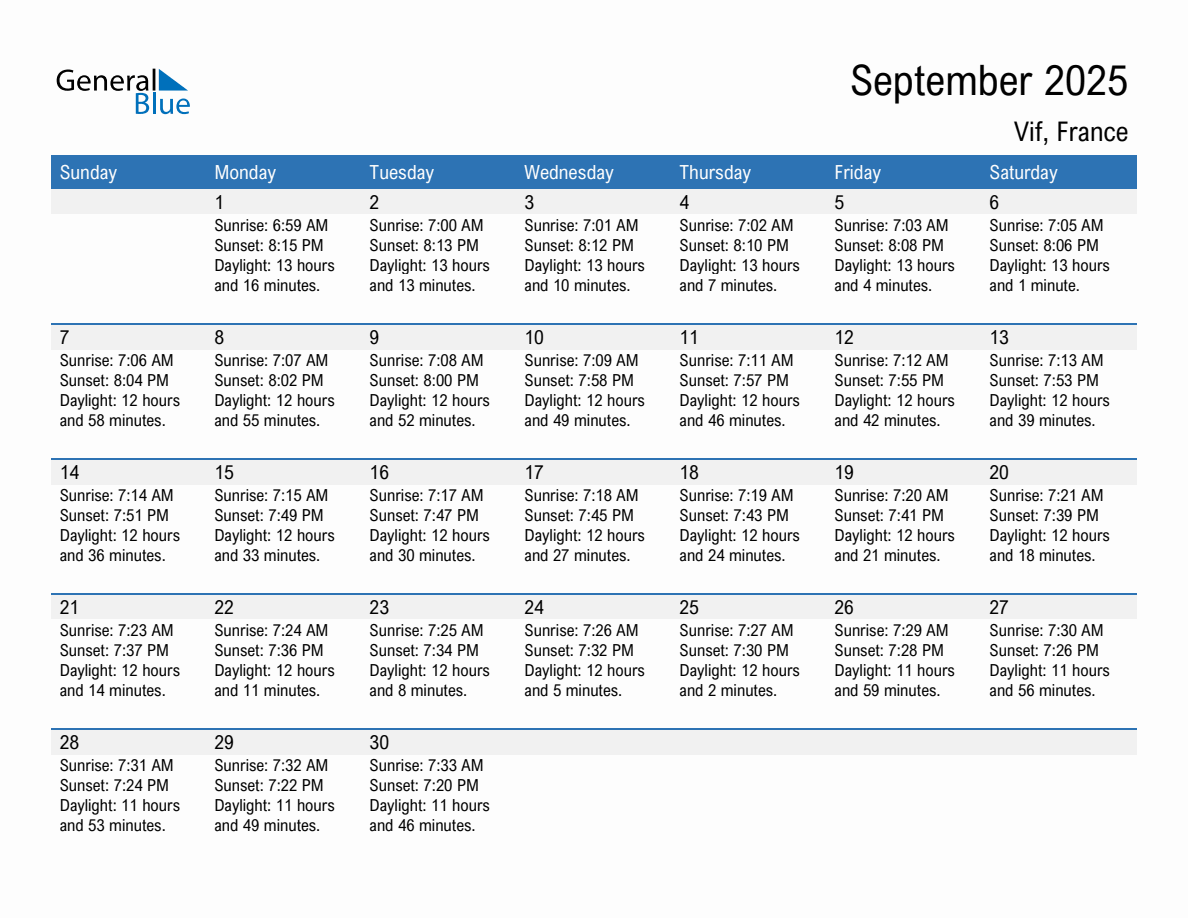 September 2025 sunrise and sunset calendar for Vif