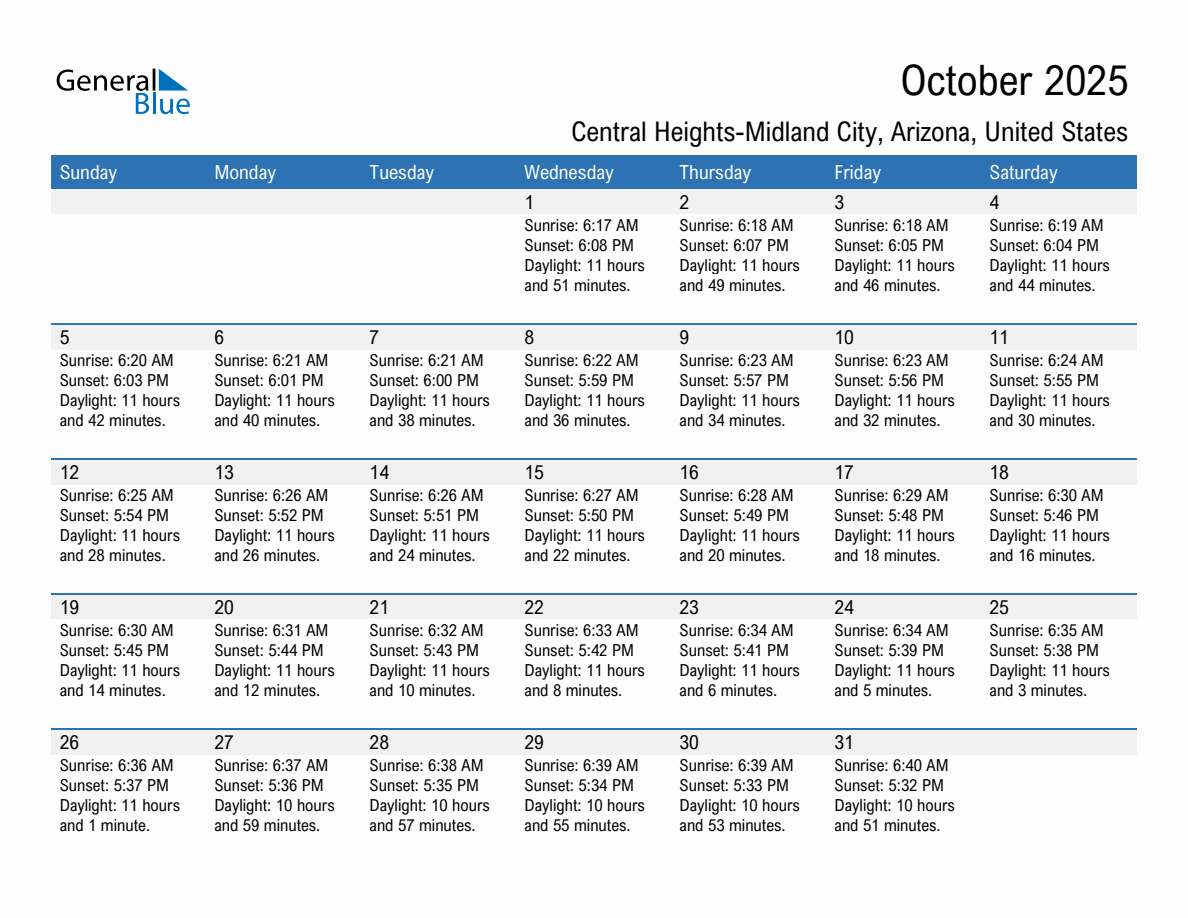 October 2025 sunrise and sunset calendar for Central Heights-Midland City