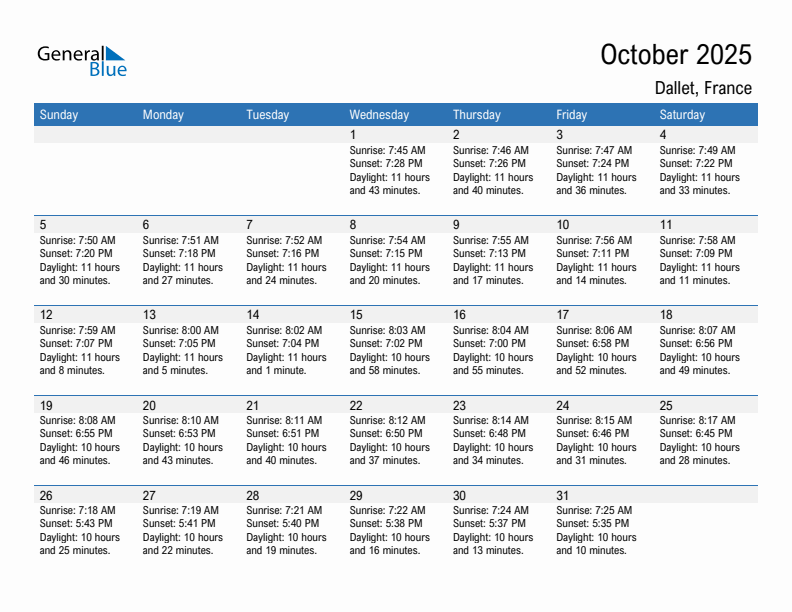 Dallet October 2025 sunrise and sunset calendar in PDF, Excel, and Word