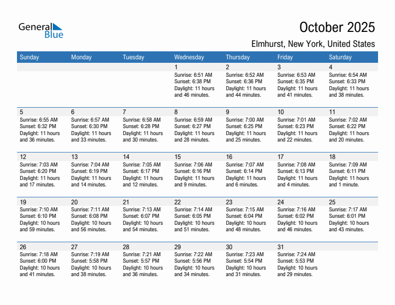 Elmhurst October 2025 sunrise and sunset calendar in PDF, Excel, and Word