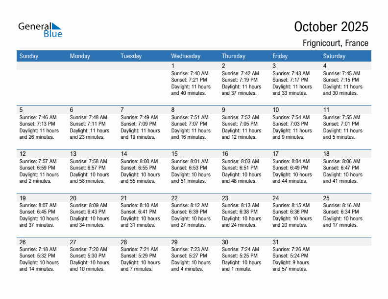 Frignicourt October 2025 sunrise and sunset calendar in PDF, Excel, and Word
