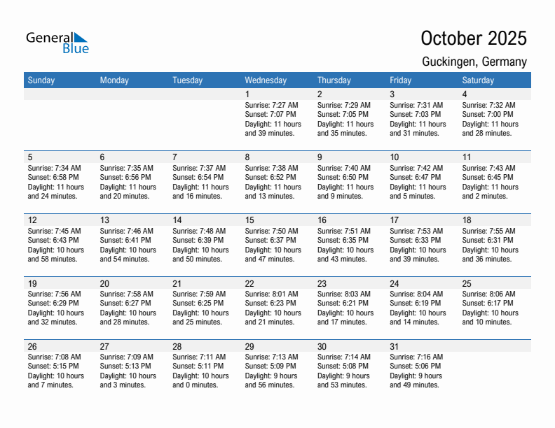 Guckingen October 2025 sunrise and sunset calendar in PDF, Excel, and Word
