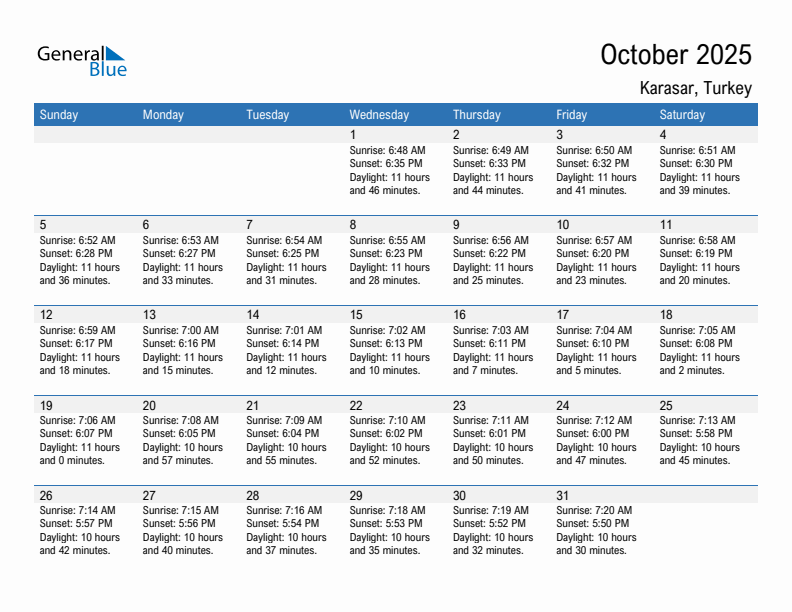 Karasar October 2025 sunrise and sunset calendar in PDF, Excel, and Word