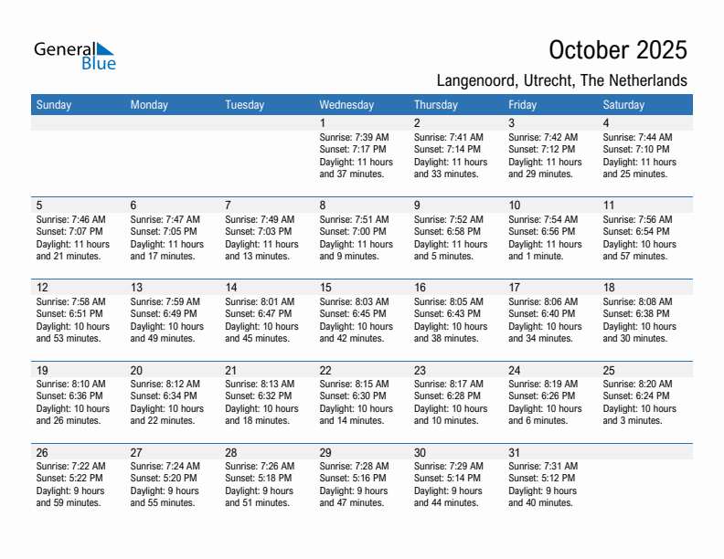 Langenoord October 2025 sunrise and sunset calendar in PDF, Excel, and Word