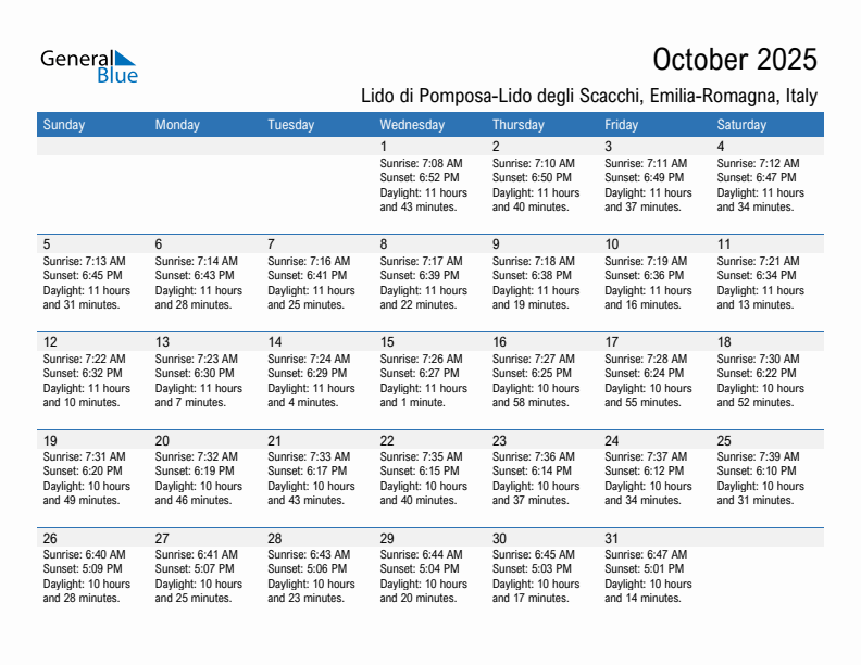 Lido di Pomposa-Lido degli Scacchi October 2025 sunrise and sunset calendar in PDF, Excel, and Word