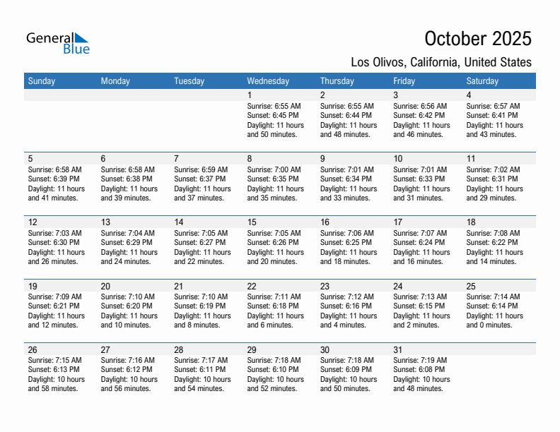 Los Olivos October 2025 sunrise and sunset calendar in PDF, Excel, and Word