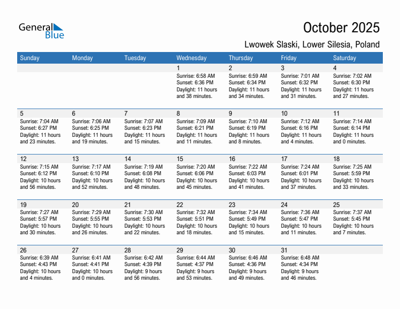 Lwowek Slaski October 2025 sunrise and sunset calendar in PDF, Excel, and Word