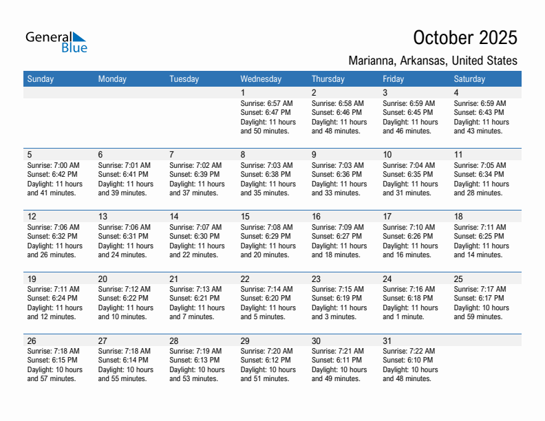 Marianna October 2025 sunrise and sunset calendar in PDF, Excel, and Word