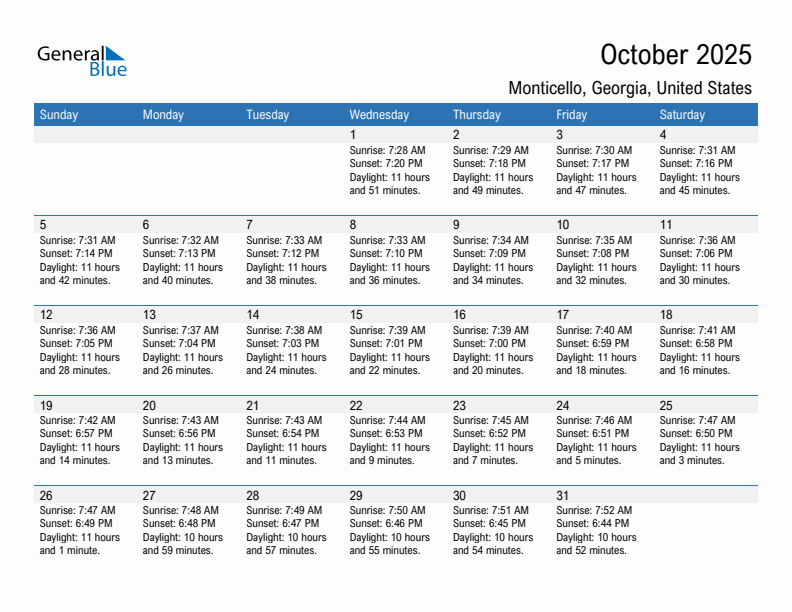 Monticello October 2025 sunrise and sunset calendar in PDF, Excel, and Word