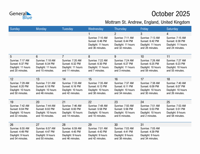 Mottram St. Andrew October 2025 sunrise and sunset calendar in PDF, Excel, and Word