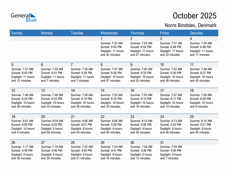 Norre Bindslev October 2025 sunrise and sunset calendar in PDF, Excel, and Word