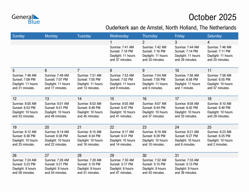 Ouderkerk aan de Amstel October 2025 sunrise and sunset calendar in PDF, Excel, and Word