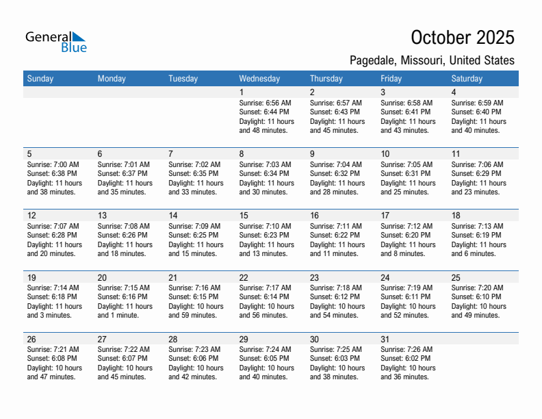 Pagedale October 2025 sunrise and sunset calendar in PDF, Excel, and Word