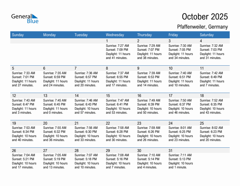 Pfaffenweiler October 2025 sunrise and sunset calendar in PDF, Excel, and Word