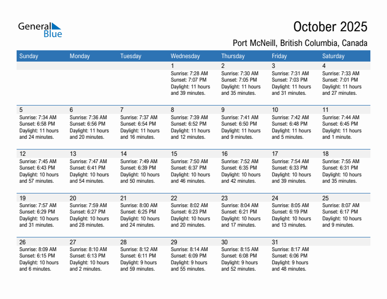 Port McNeill October 2025 sunrise and sunset calendar in PDF, Excel, and Word