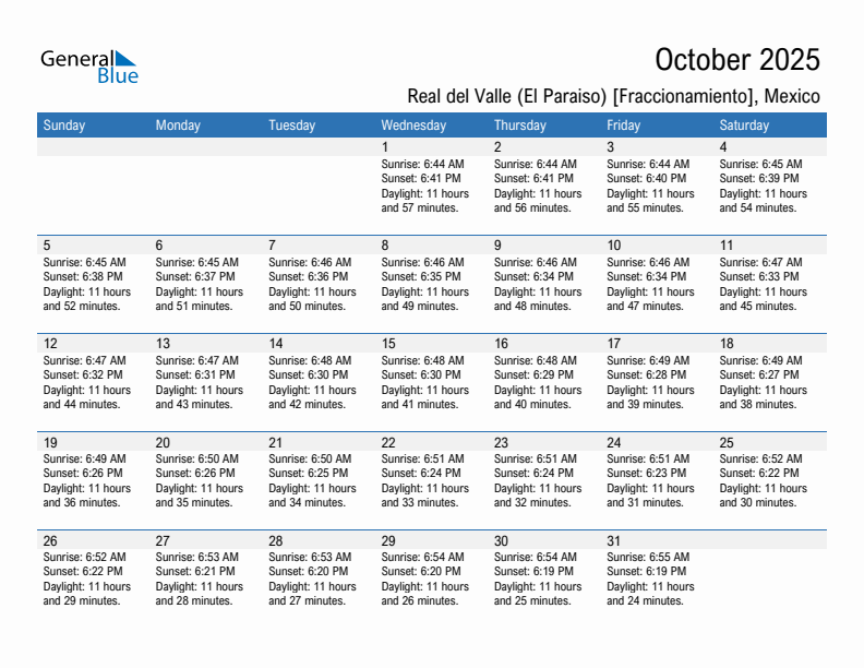 Real del Valle (El Paraiso) [Fraccionamiento] October 2025 sunrise and sunset calendar in PDF, Excel, and Word