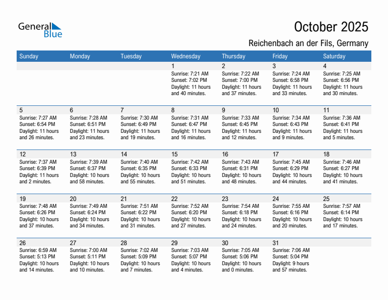 Reichenbach an der Fils October 2025 sunrise and sunset calendar in PDF, Excel, and Word