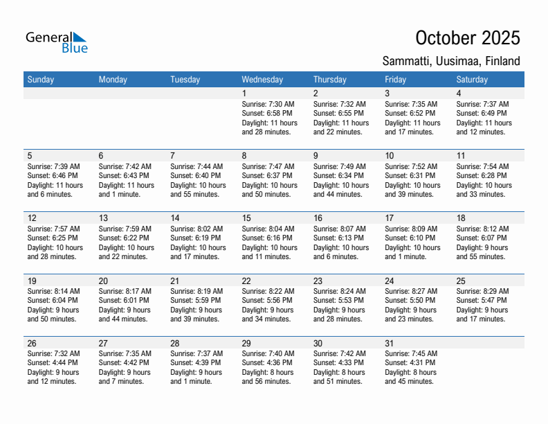Sammatti October 2025 sunrise and sunset calendar in PDF, Excel, and Word