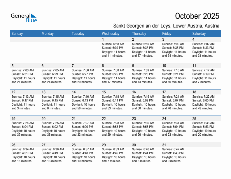 Sankt Georgen an der Leys October 2025 sunrise and sunset calendar in PDF, Excel, and Word