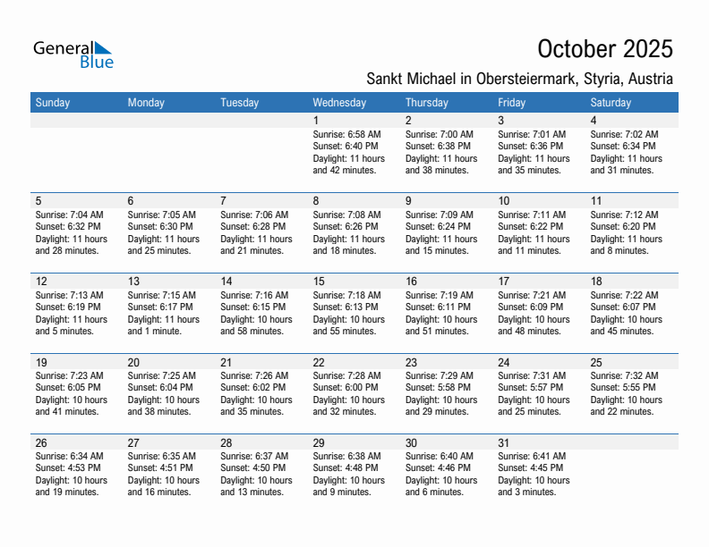 Sankt Michael in Obersteiermark October 2025 sunrise and sunset calendar in PDF, Excel, and Word