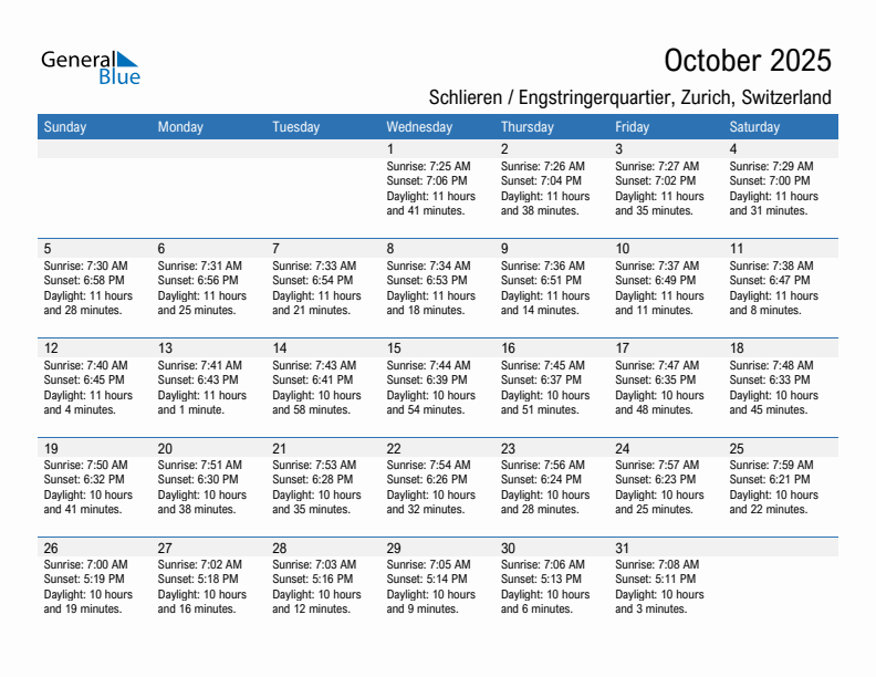 Schlieren / Engstringerquartier October 2025 sunrise and sunset calendar in PDF, Excel, and Word