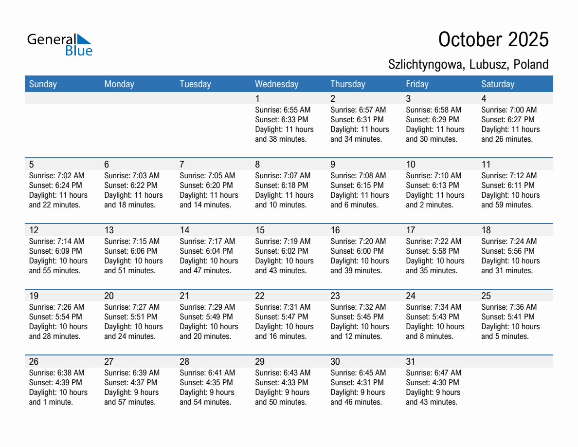 October 2025 sunrise and sunset calendar for Szlichtyngowa