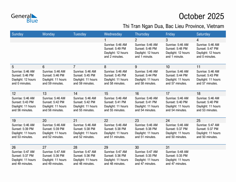 Thi Tran Ngan Dua October 2025 sunrise and sunset calendar in PDF, Excel, and Word