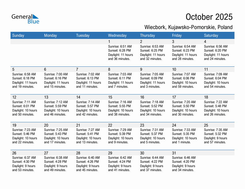 Wiecbork October 2025 sunrise and sunset calendar in PDF, Excel, and Word