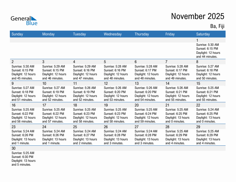 Ba November 2025 sunrise and sunset calendar in PDF, Excel, and Word