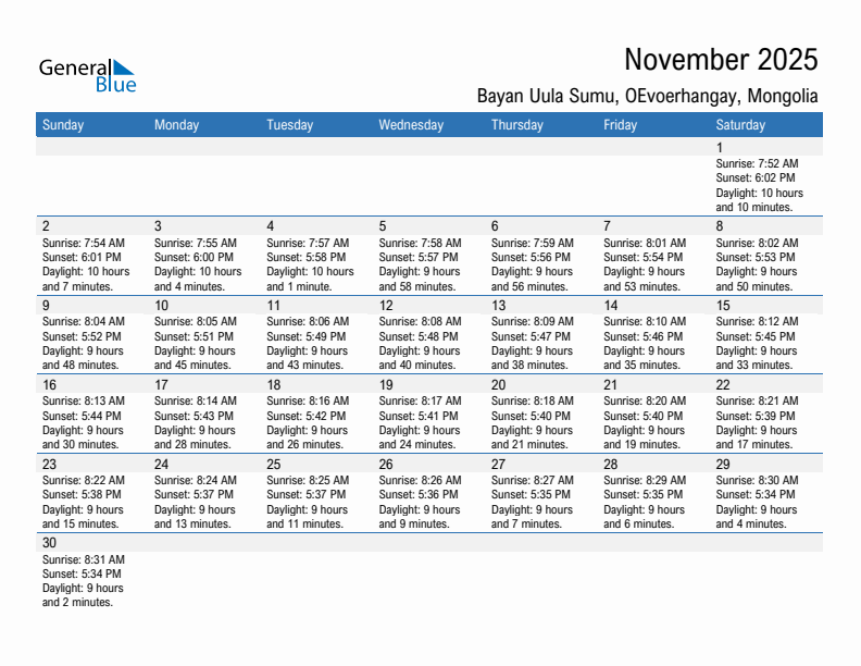 Bayan Uula Sumu November 2025 sunrise and sunset calendar in PDF, Excel, and Word