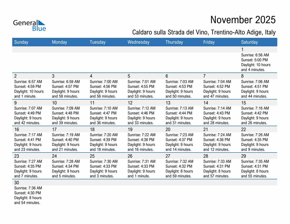 November 2025 sunrise and sunset calendar for Caldaro sulla Strada del Vino