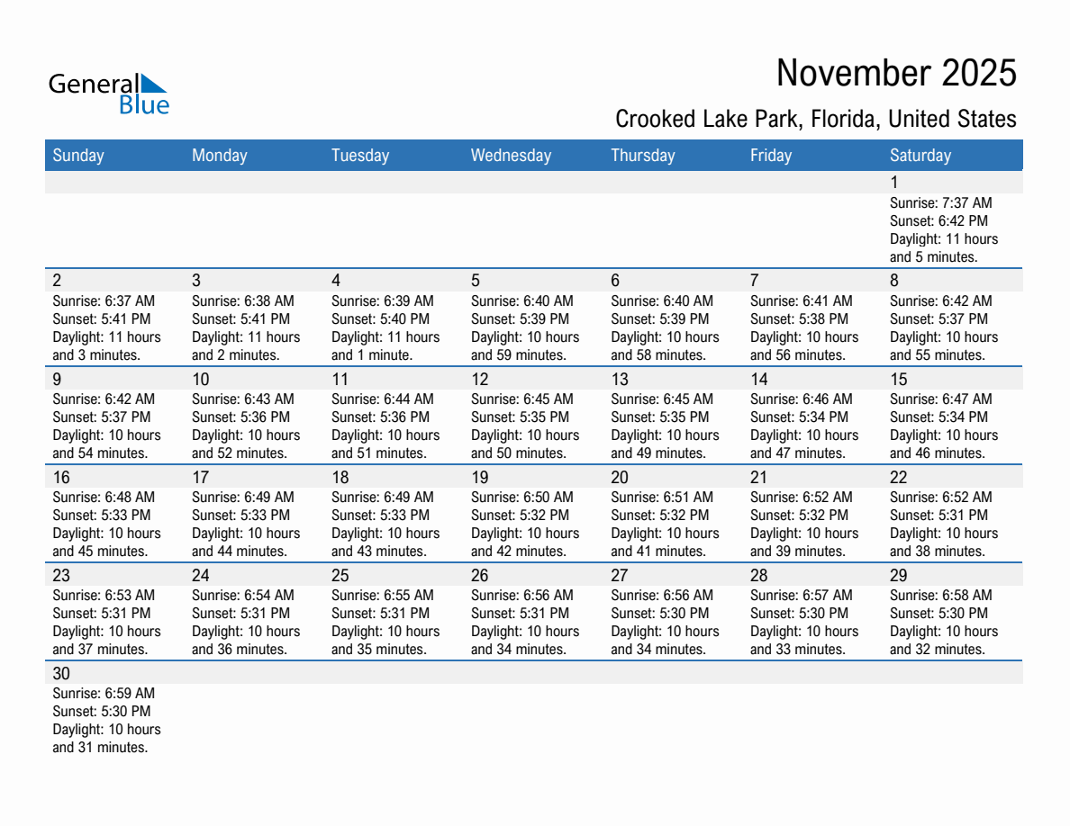 November 2025 sunrise and sunset calendar for Crooked Lake Park