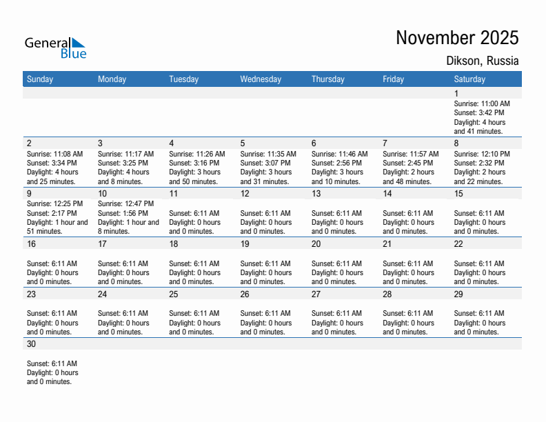 Dikson November 2025 sunrise and sunset calendar in PDF, Excel, and Word