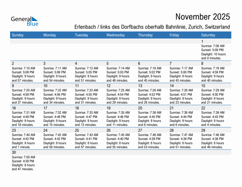 Erlenbach / links des Dorfbachs oberhalb Bahnlinie November 2025 sunrise and sunset calendar in PDF, Excel, and Word