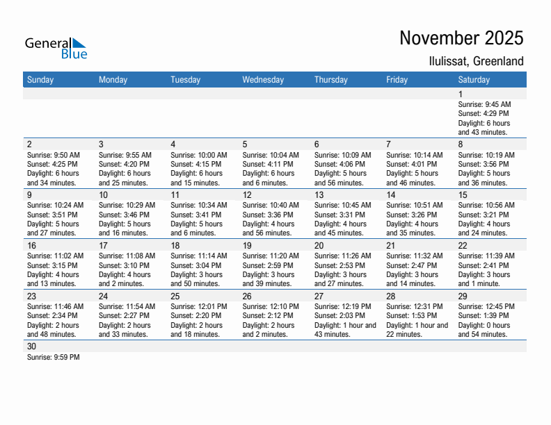 Ilulissat November 2025 sunrise and sunset calendar in PDF, Excel, and Word