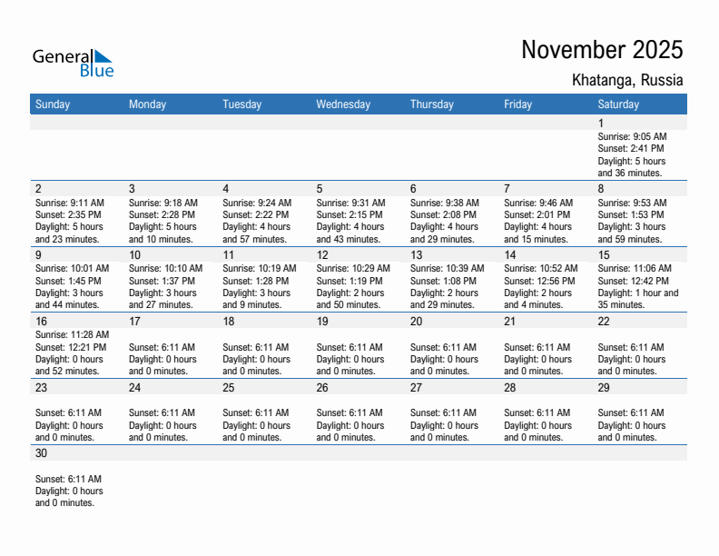 Khatanga November 2025 sunrise and sunset calendar in PDF, Excel, and Word