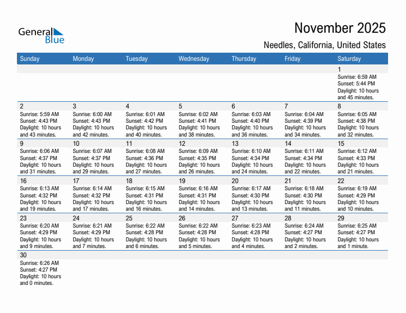 Needles November 2025 sunrise and sunset calendar in PDF, Excel, and Word