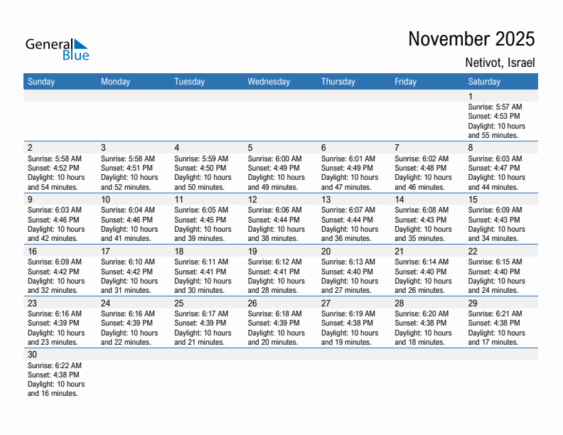 Netivot November 2025 sunrise and sunset calendar in PDF, Excel, and Word