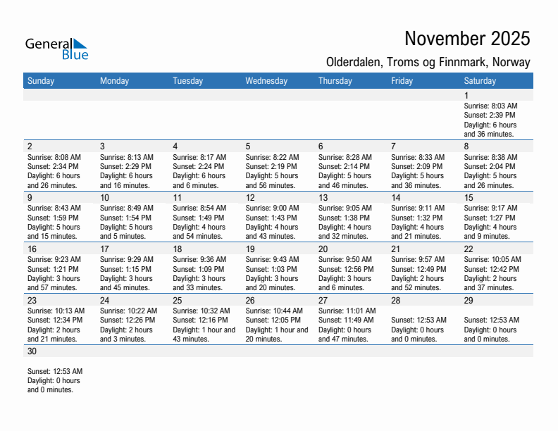 Olderdalen November 2025 sunrise and sunset calendar in PDF, Excel, and Word