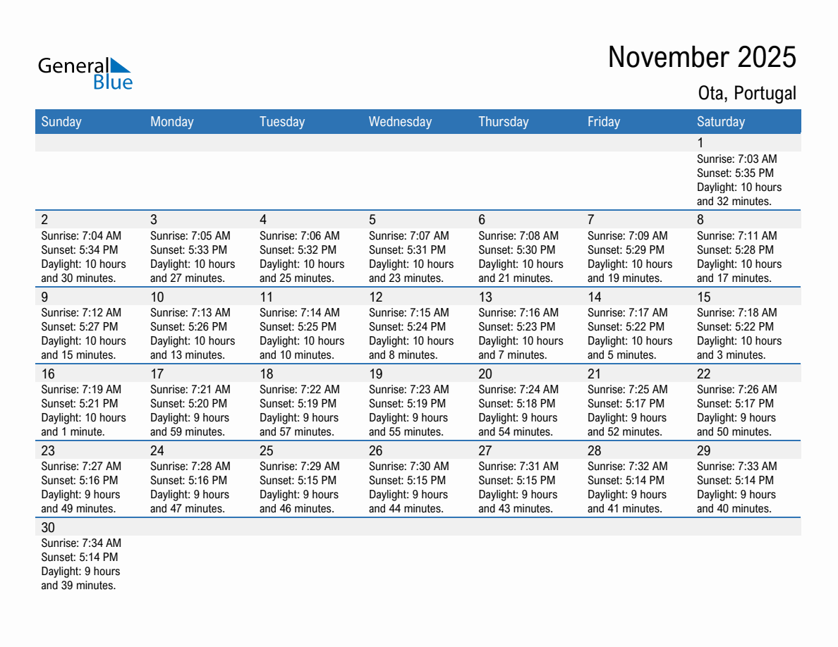November 2025 sunrise and sunset calendar for Ota