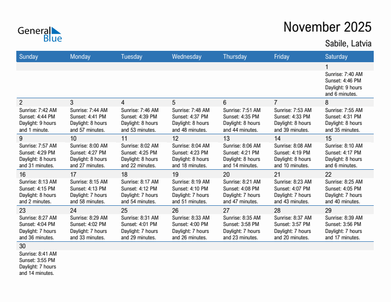 Sabile November 2025 sunrise and sunset calendar in PDF, Excel, and Word