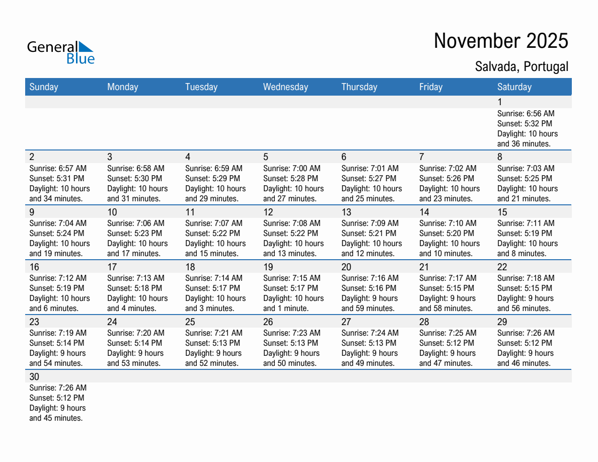 November 2025 sunrise and sunset calendar for Salvada