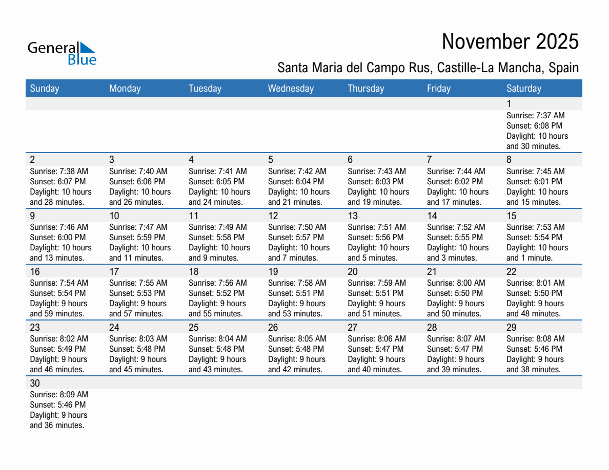 November 2025 sunrise and sunset calendar for Santa Maria del Campo Rus