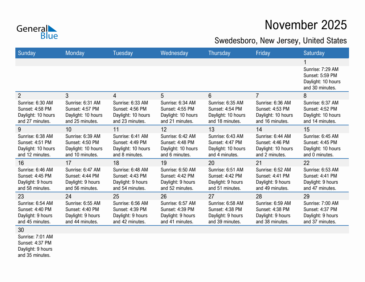 November 2025 sunrise and sunset calendar for Swedesboro