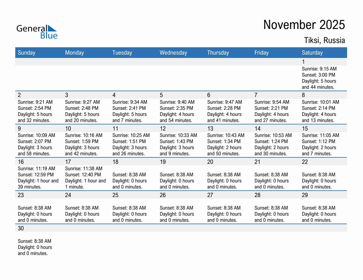 November 2025 sunrise and sunset calendar for Tiksi