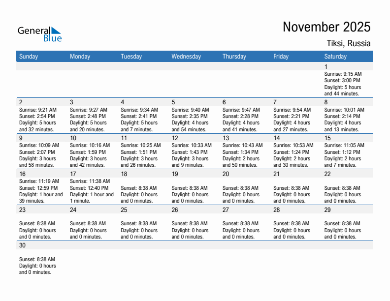Tiksi November 2025 sunrise and sunset calendar in PDF, Excel, and Word