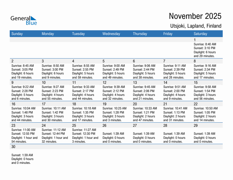 Utsjoki November 2025 sunrise and sunset calendar in PDF, Excel, and Word